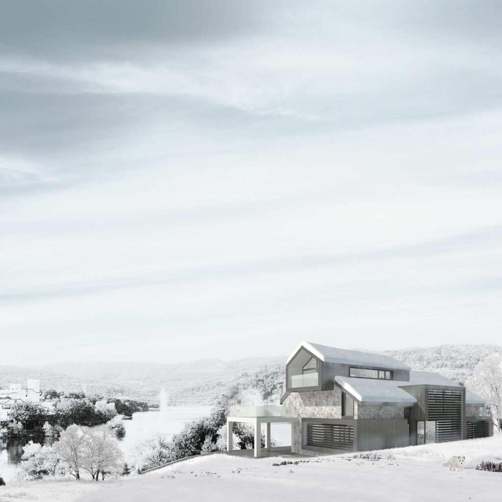 winter perspective view of modern family house near lake