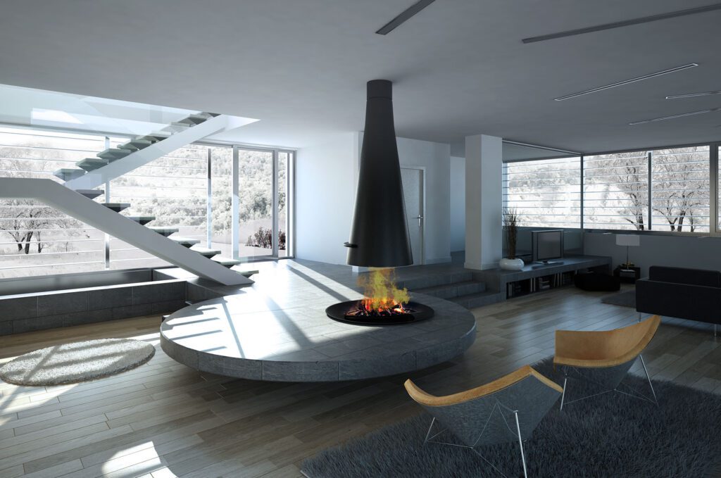 modern family house open space interior with open fireplace