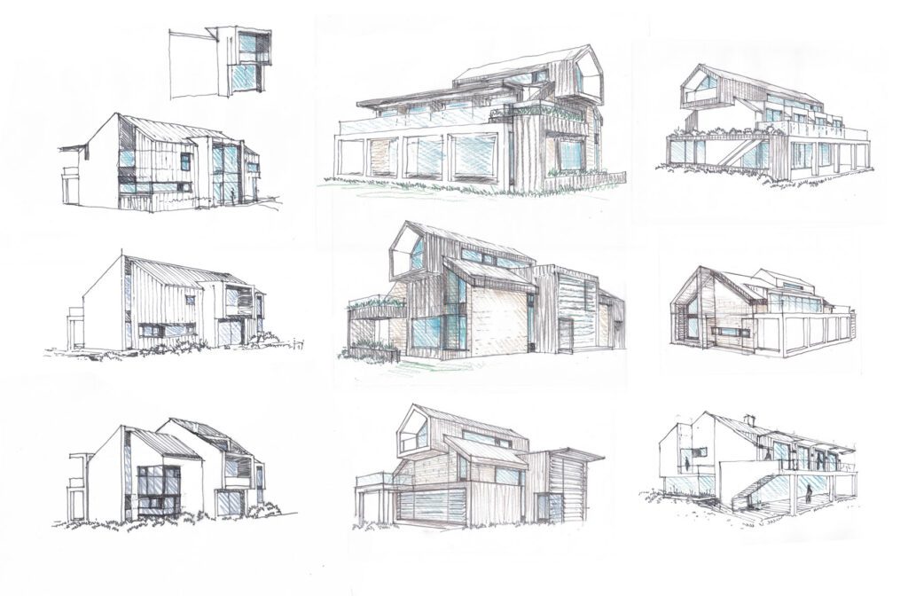 Conceptual hand sketches of modern wood and stone cladded house