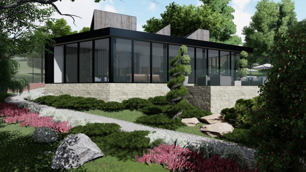 3d perspective of modern building and vegetation in front