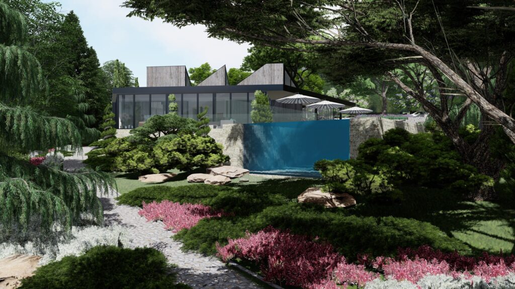 3d perspective of modern building and swimming pool in front