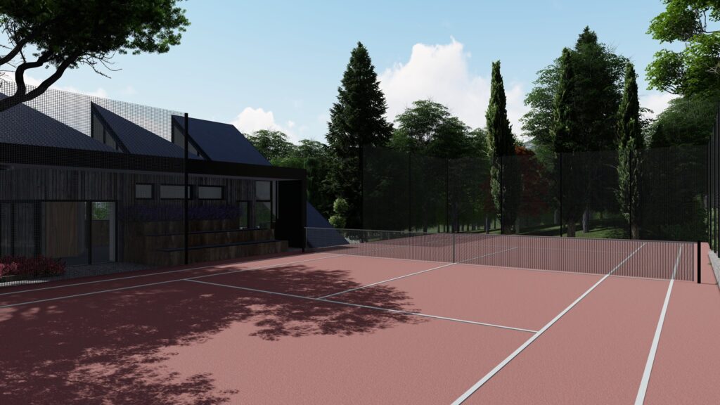 3d perspective of tennis court and modern building in the back