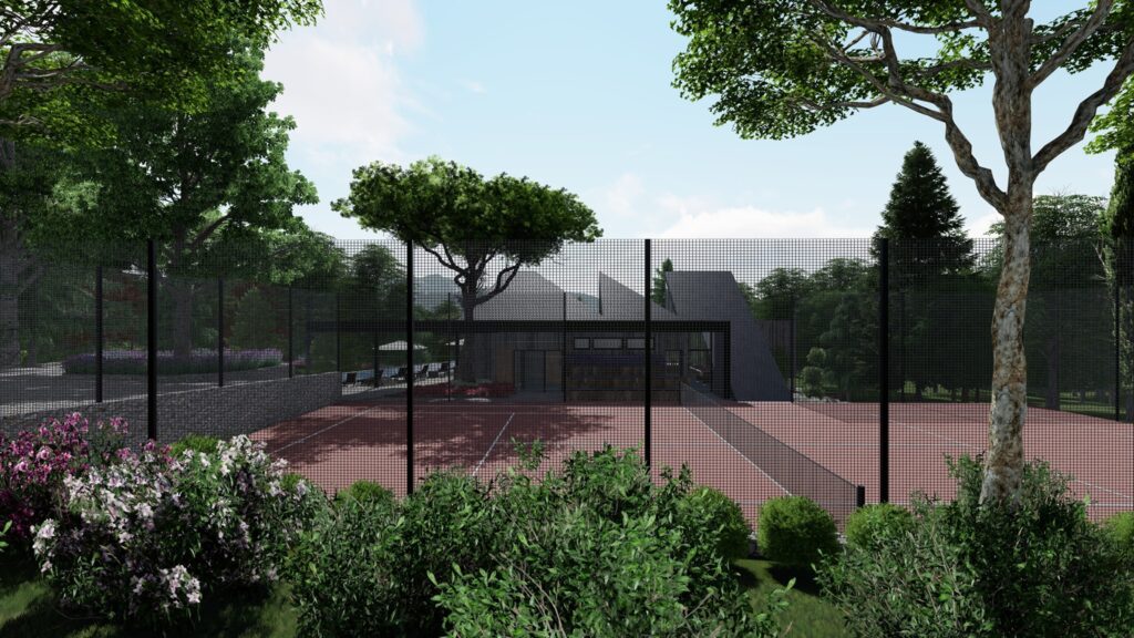 3d perspective of tennis court and modern building in the back