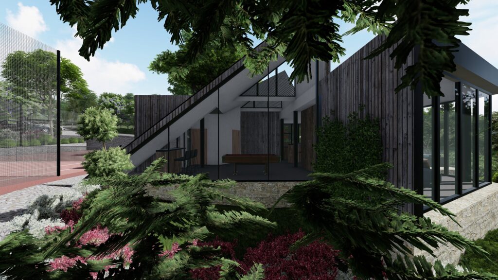 3d perspective of modern building and vegetation in front