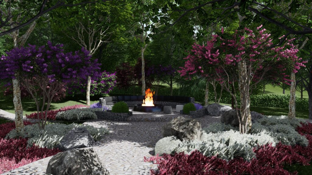 3d perspective of modern fire pit in forest