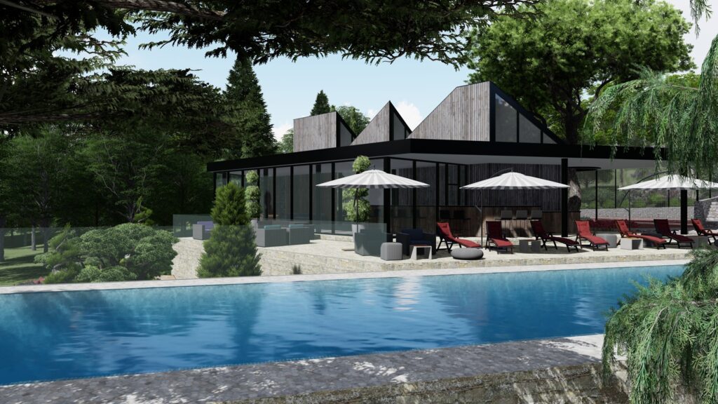 3d perspective of modern building and swimming pool in front