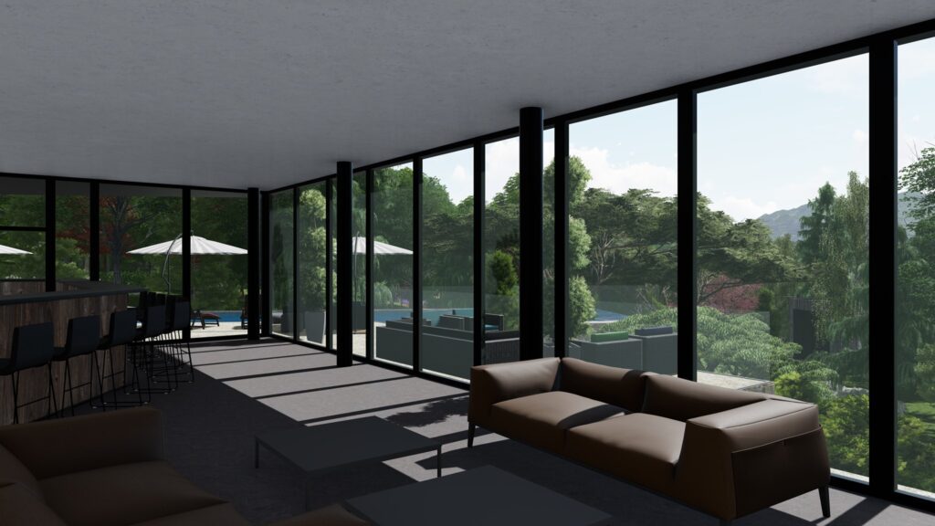 3d perspective of modern interior with view on forest