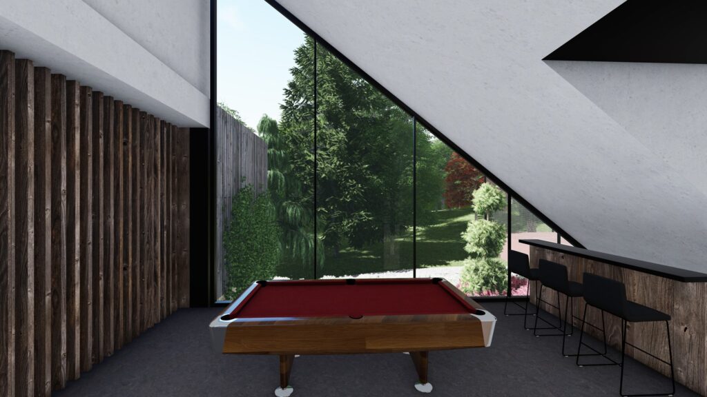 3d perspective of modern interior with pool billiard and forest view in the back