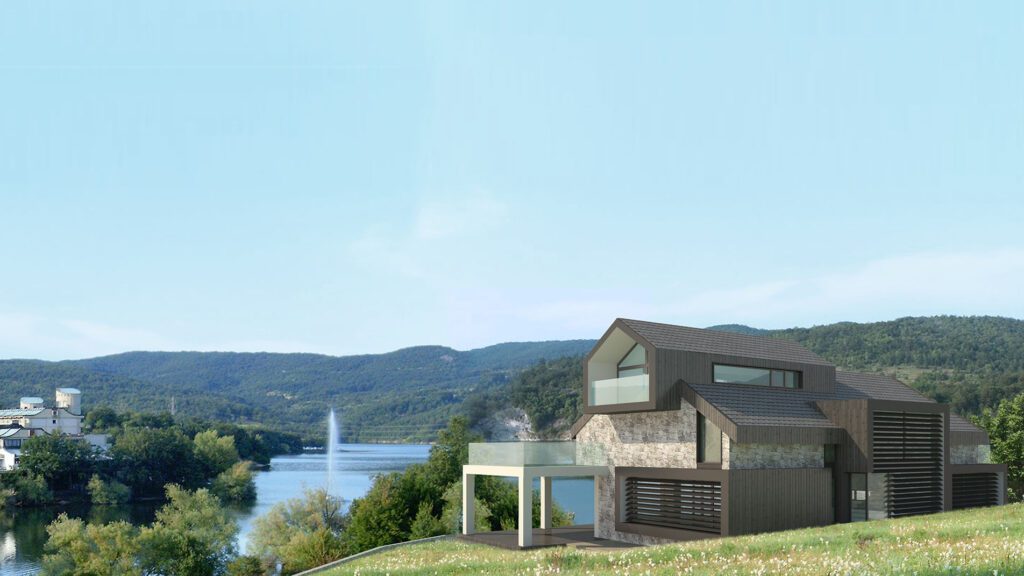 perspective view of modern family house near lake