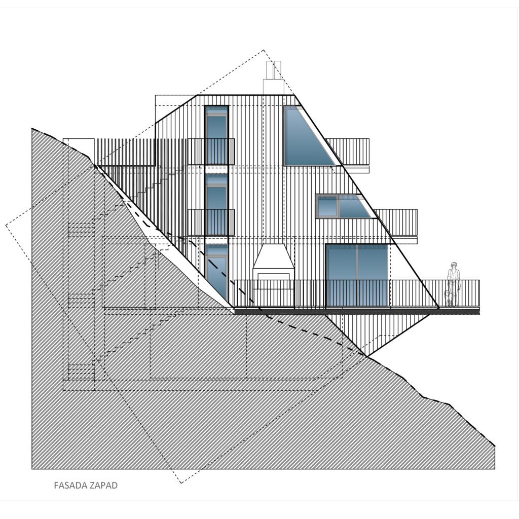 facade of modern weekend house with wooden facade in forest