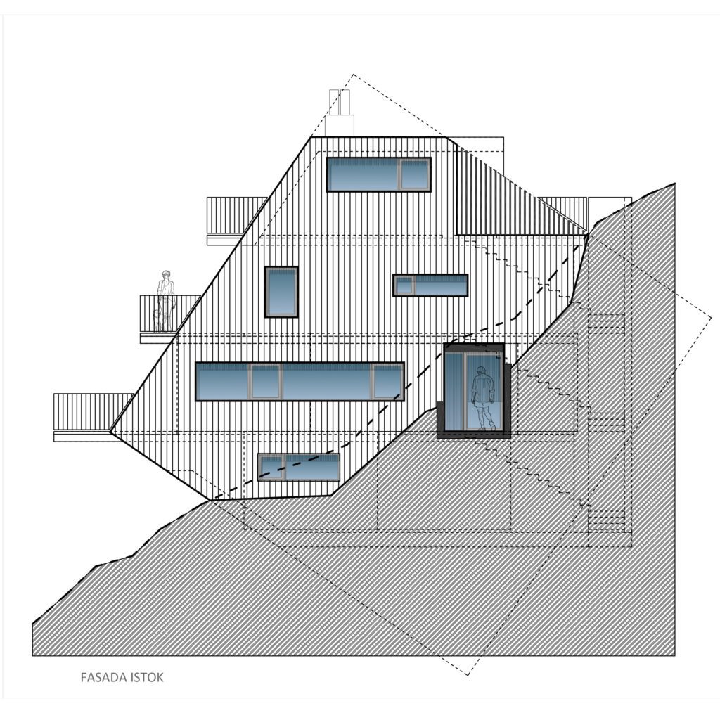 facade of modern weekend house with wooden facade in forest