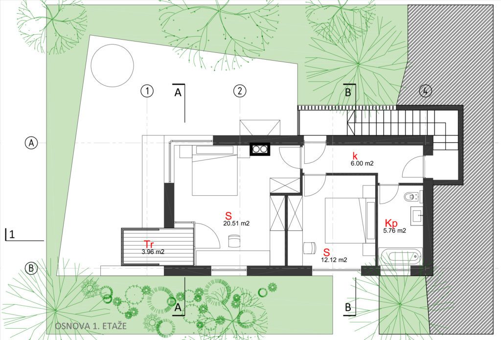 level 1 of modern weekend house with wooden facade in forest