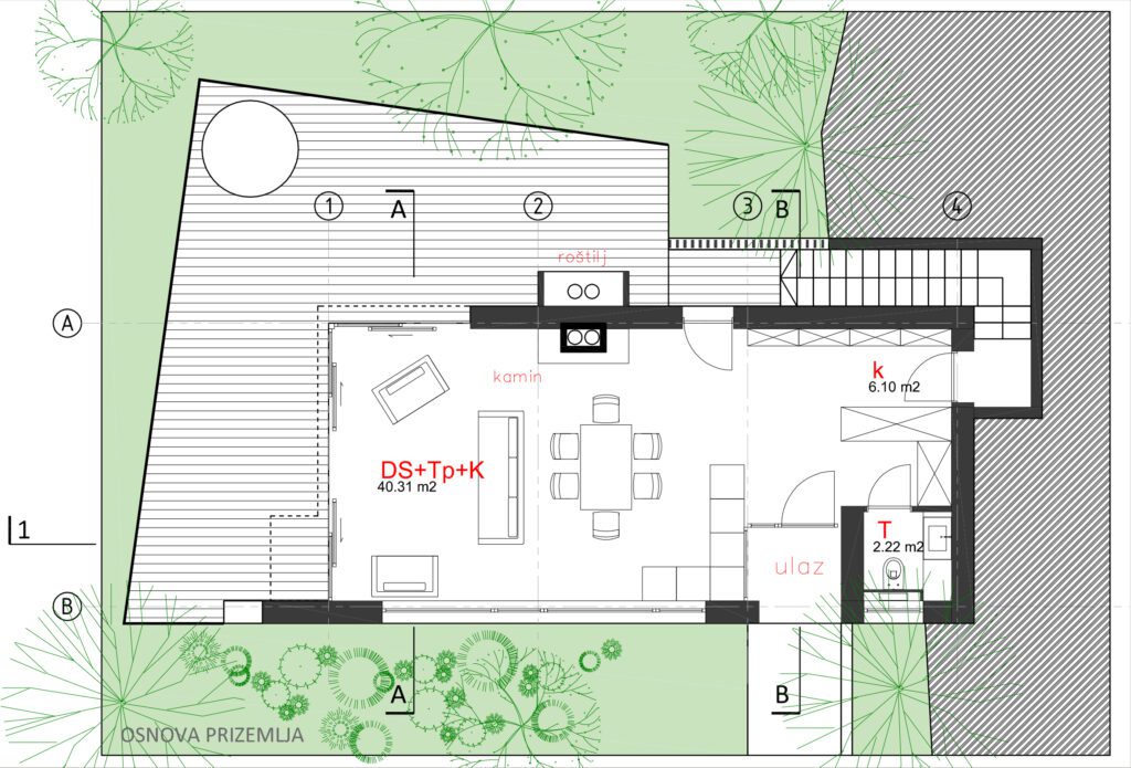 groundfloor of modern weekend house with wooden facade in forest