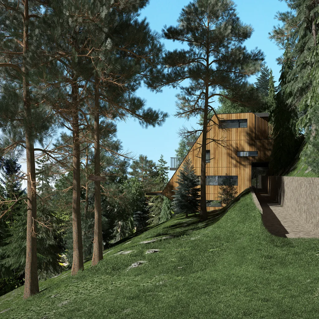 modern weekend house with wooden facade in forest by Bionique
