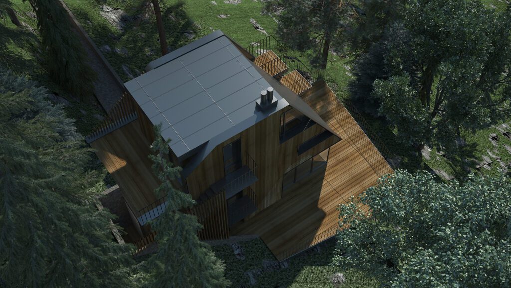 modern weekend house with wooden facade in forest