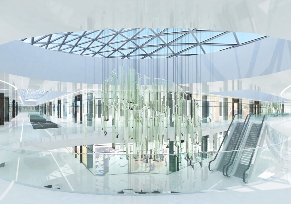 delta planet shopping mall interior glass suspended light