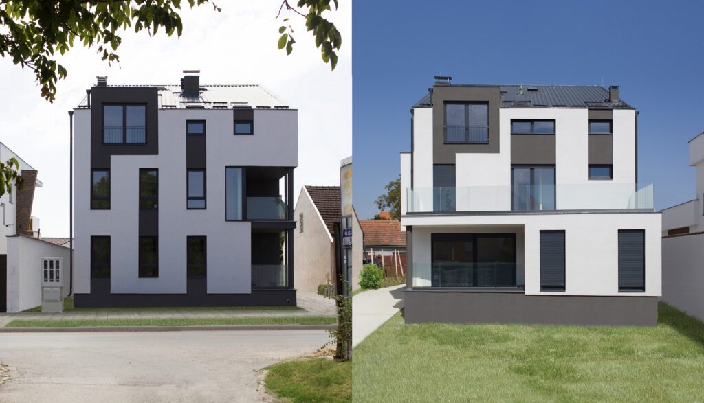 facades of modern urban villa apartment building