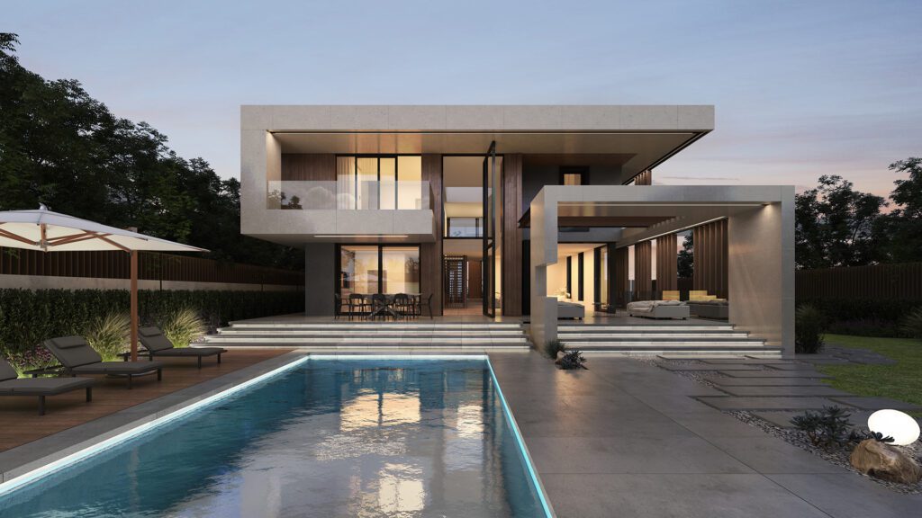 modern family villa with stone facade, pivot door and swimming pool