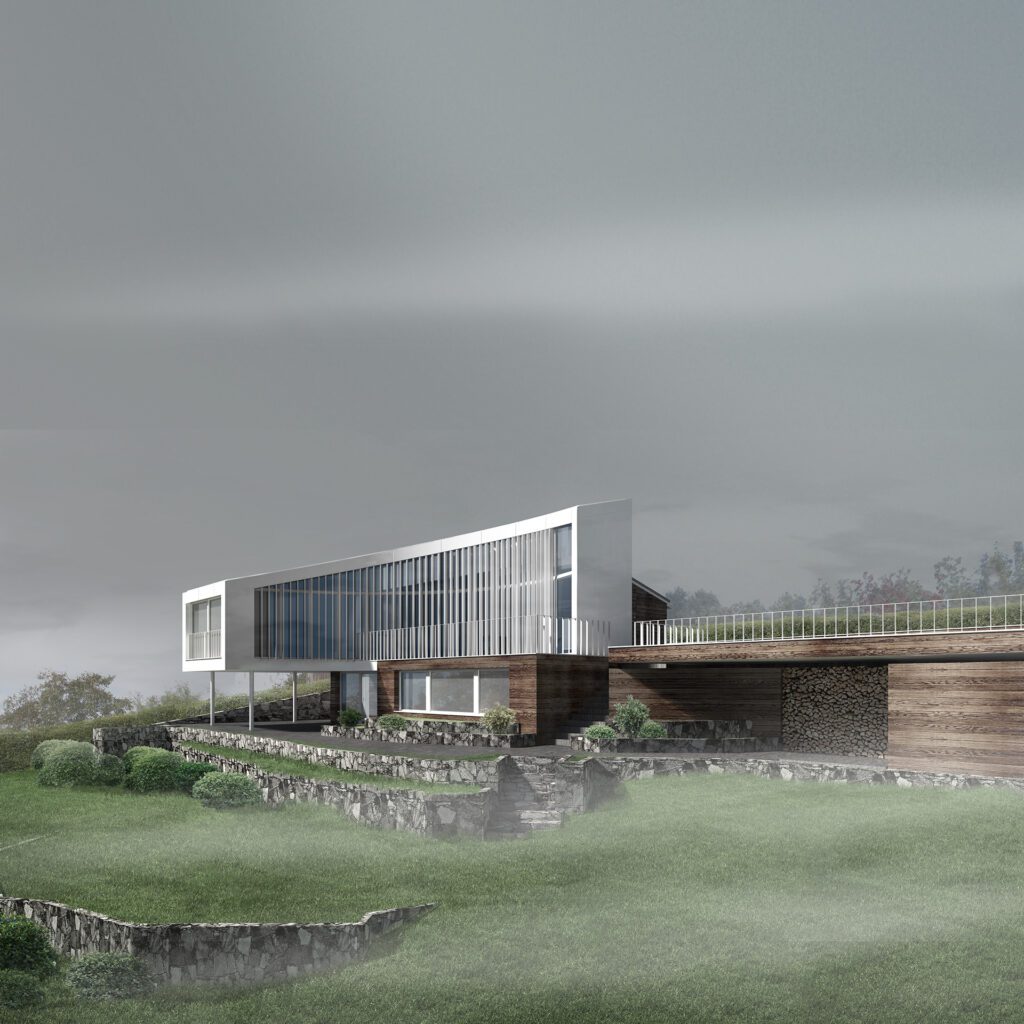 Perspective view of modern hill house with vertical metal bar facade