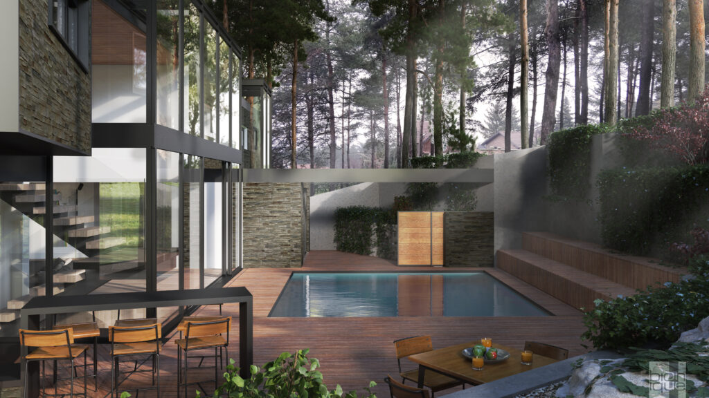 modern house with a swimming pool in pine forest