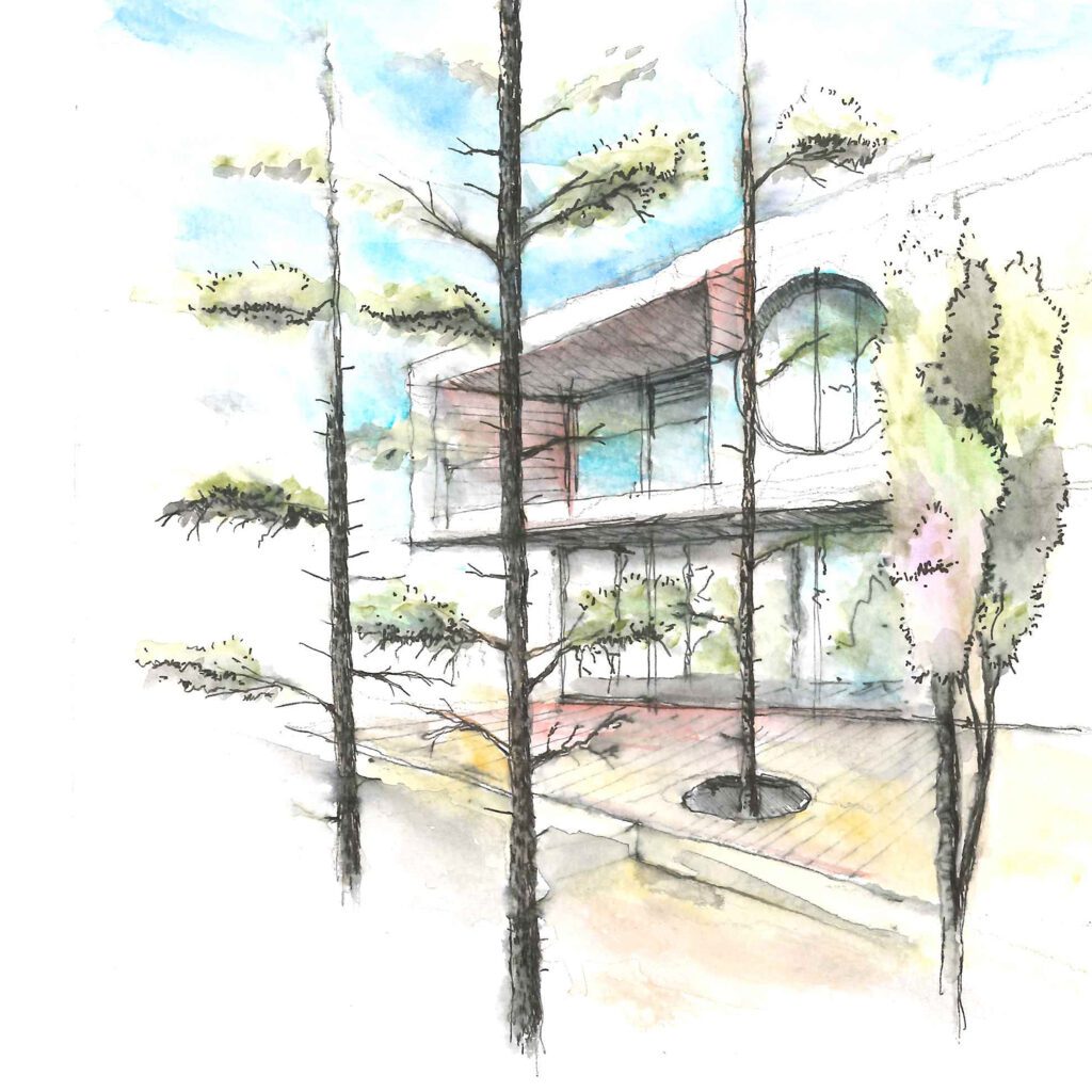 hand sketch perspective of forest house