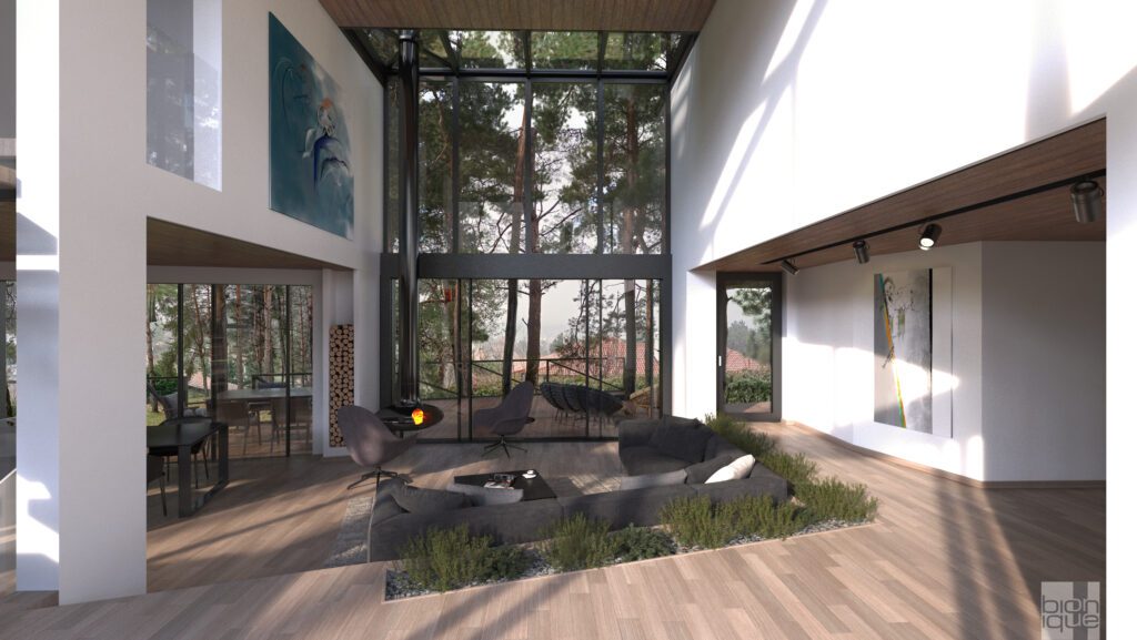 modern house in pine forest interior