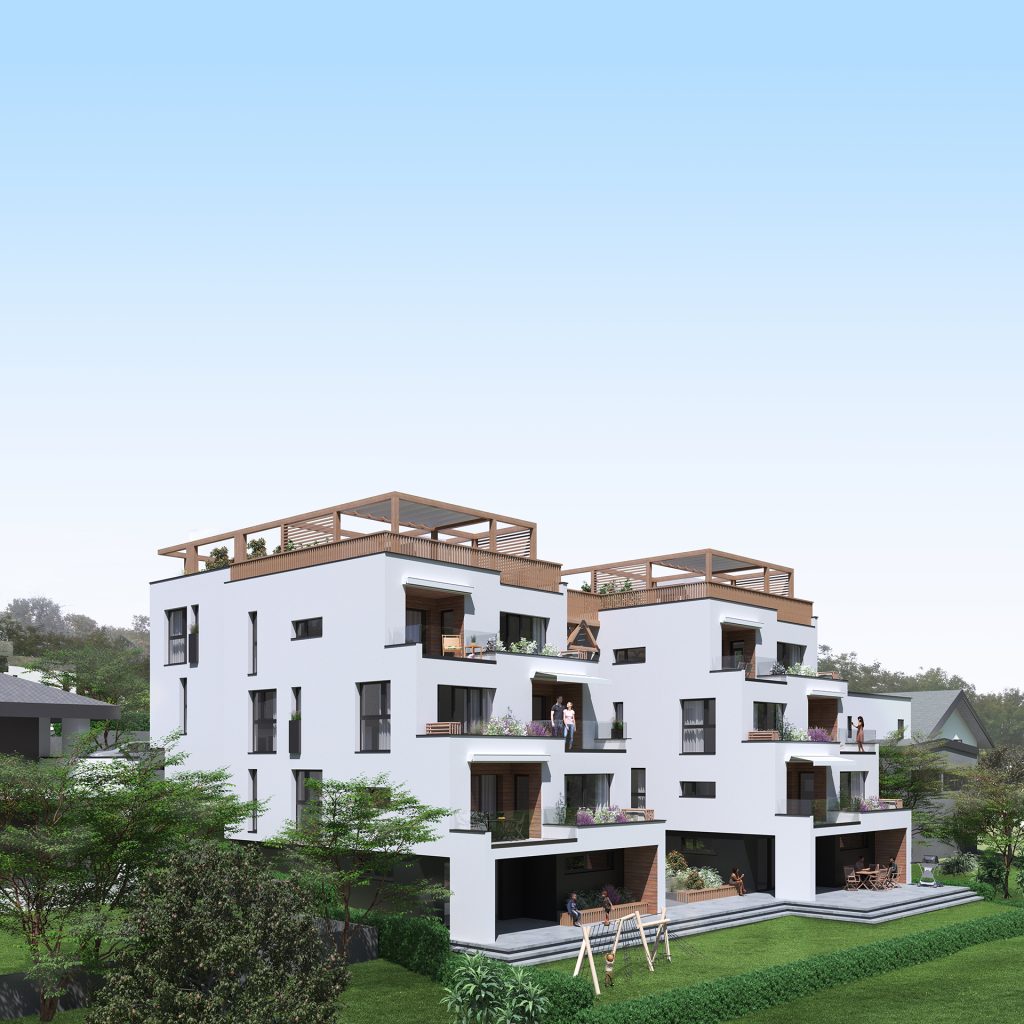 2 modern urban villas with white cascade facades and wooden bridge 3d perspective