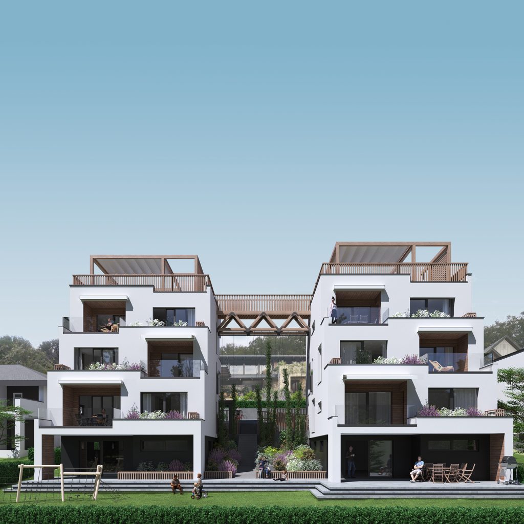 2 modern urban villas with white cascade facades and wooden bridge 3d perspective