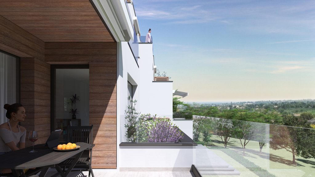 2 modern urban villas with white cascade facades terrace view