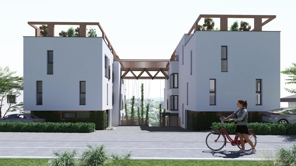 2 modern urban villas with white facades street view