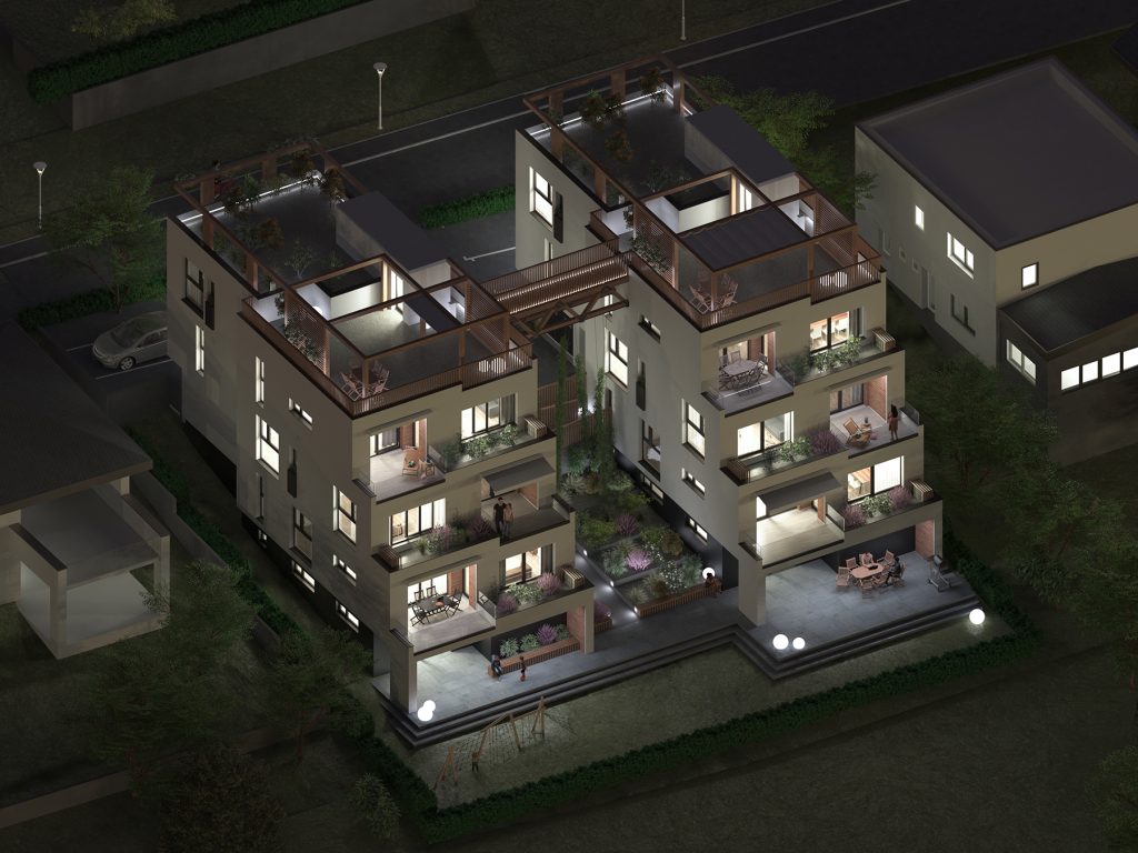 night 3d isometric view of two modern urban villas