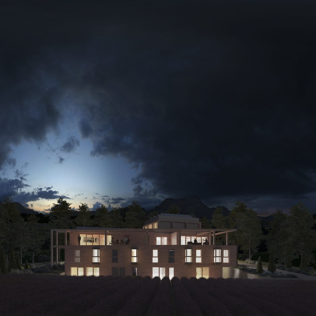 modern hotel in forest cgi night perspective