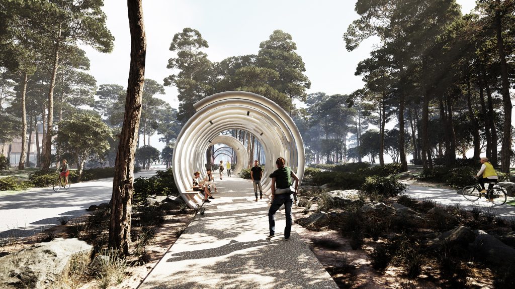 Boulevard Delle Arti architecture competition 3d visualization pinewood forest path