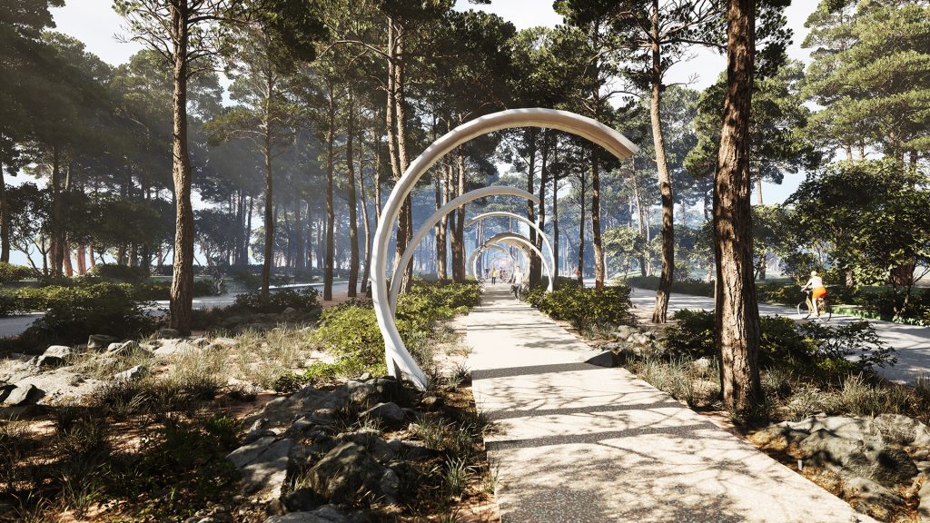 Boulevard Delle Arti architecture competition 3d visualization pinewood forest path