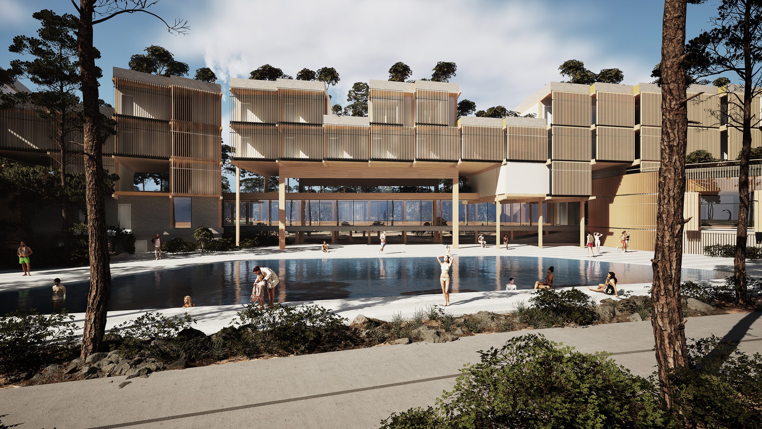 Eco-hotel architecture competition 3d visualization pinewood forest hotel