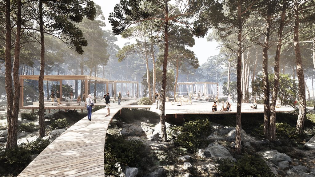 Lignano Pinewood architecture competition 3d visualization pinewood forest path