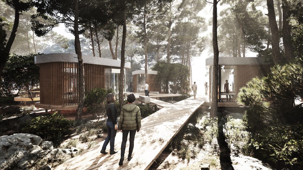 Lignano Pinewood architecture competition 3d visualization pinewood forest pavilions