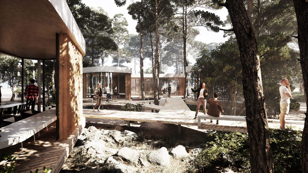 Lignano Pinewood architecture competition 3d visualization pinewood forest pavilions