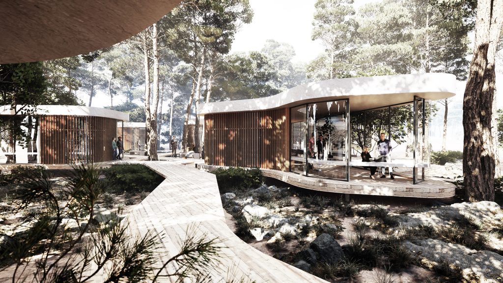 Lignano Pinewood architecture competition 3d visualization pinewood forest pavilions