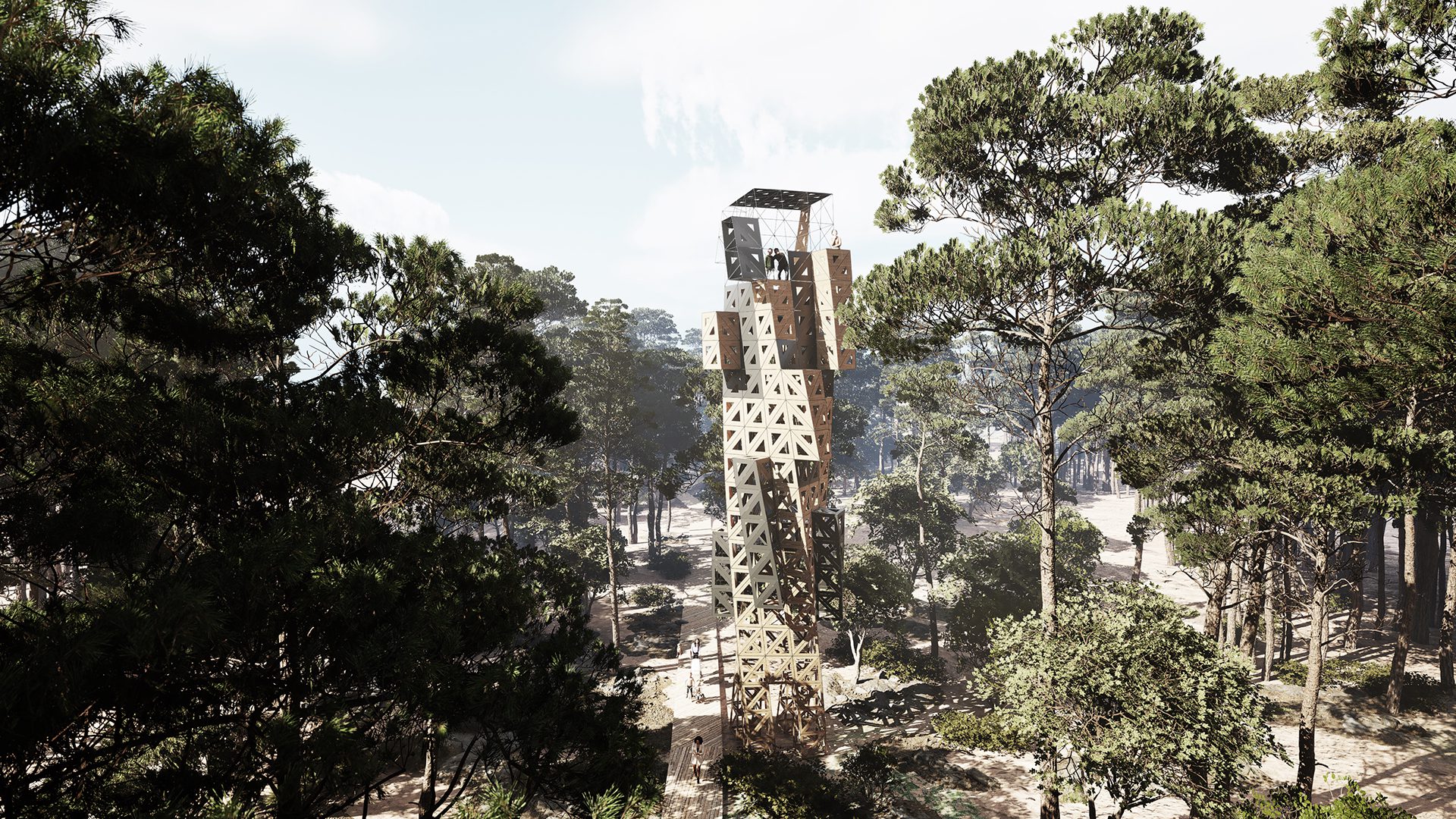 Lignano Pinewood architecture competition 3d visualization pinewood forest observation tower